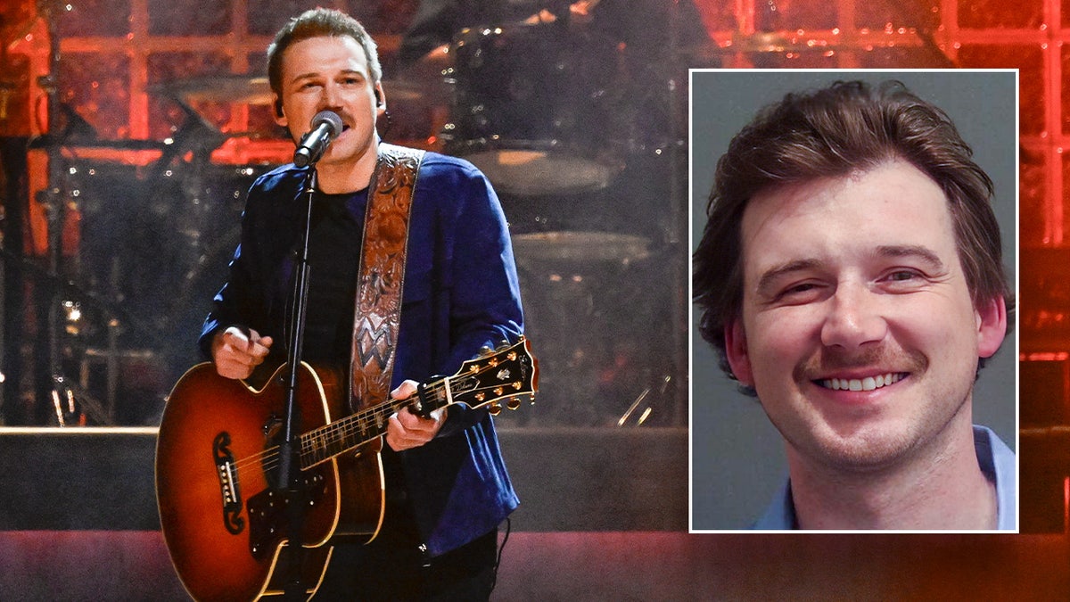 A photo of Morgan Wallen performing with an inset of his mugshot