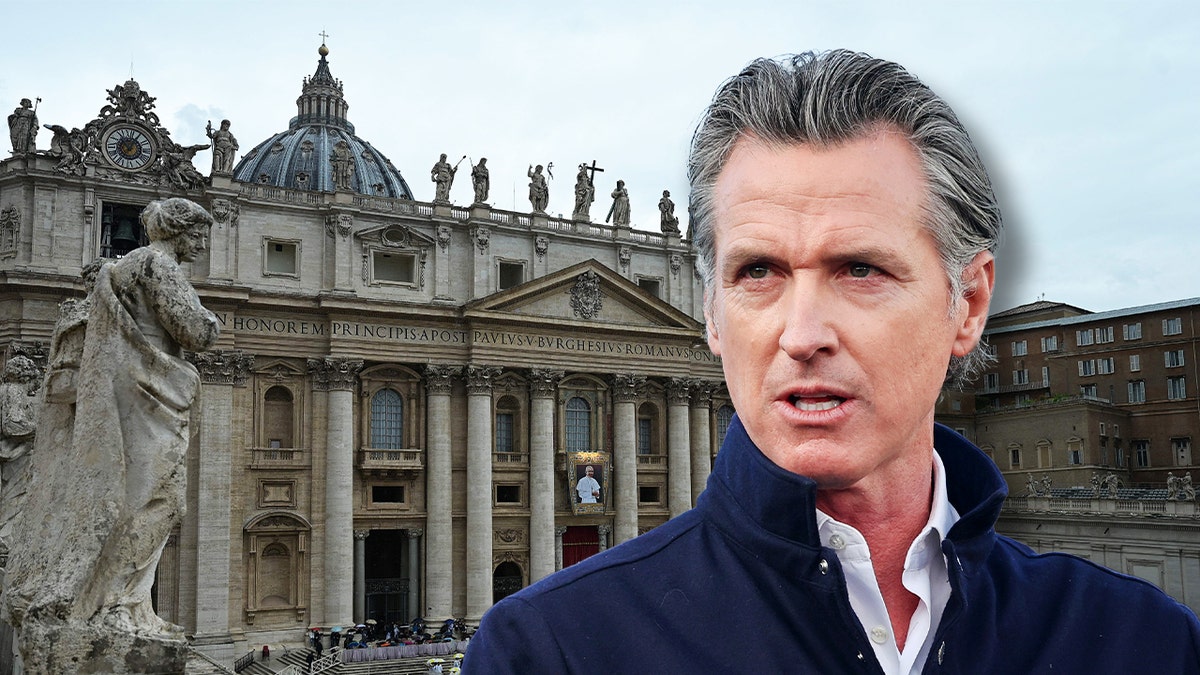 Gavin Newsom foreground with Vatican in background in photo illustration