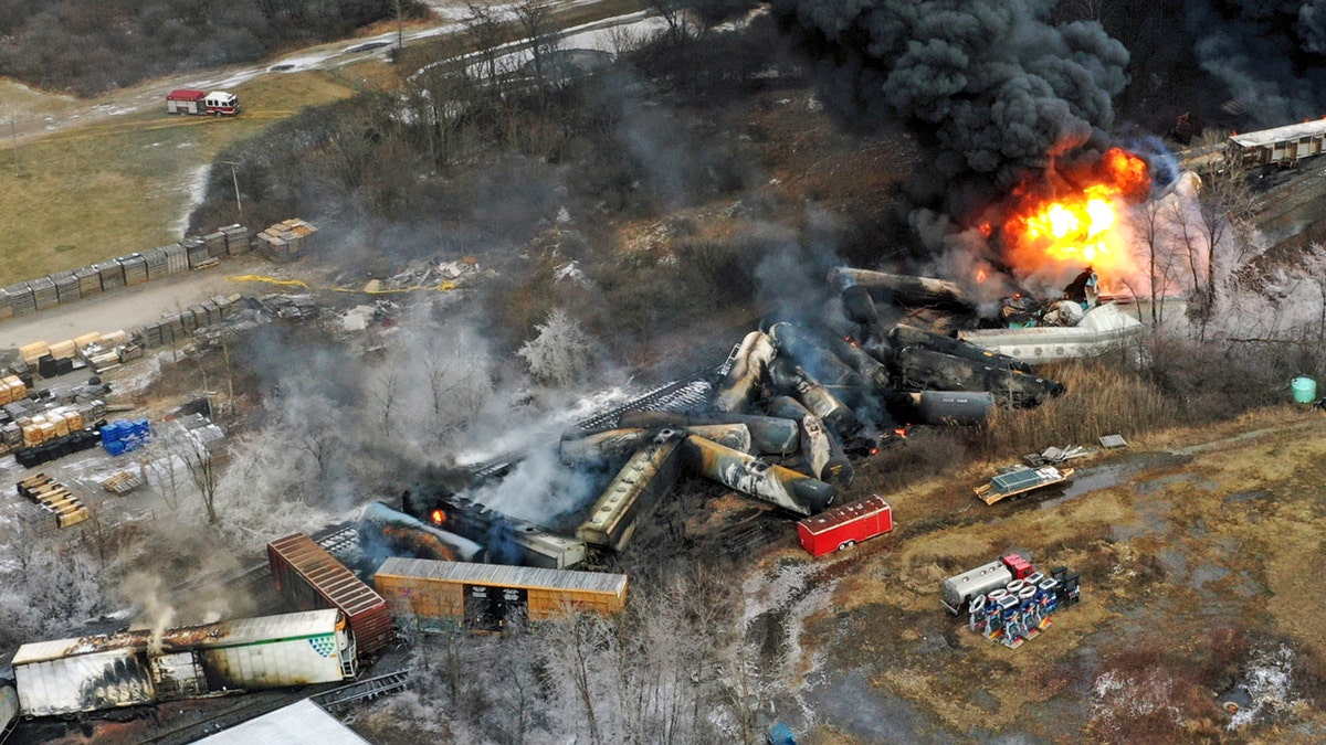 Debris from a Norfolk Southern freight train in February 2023