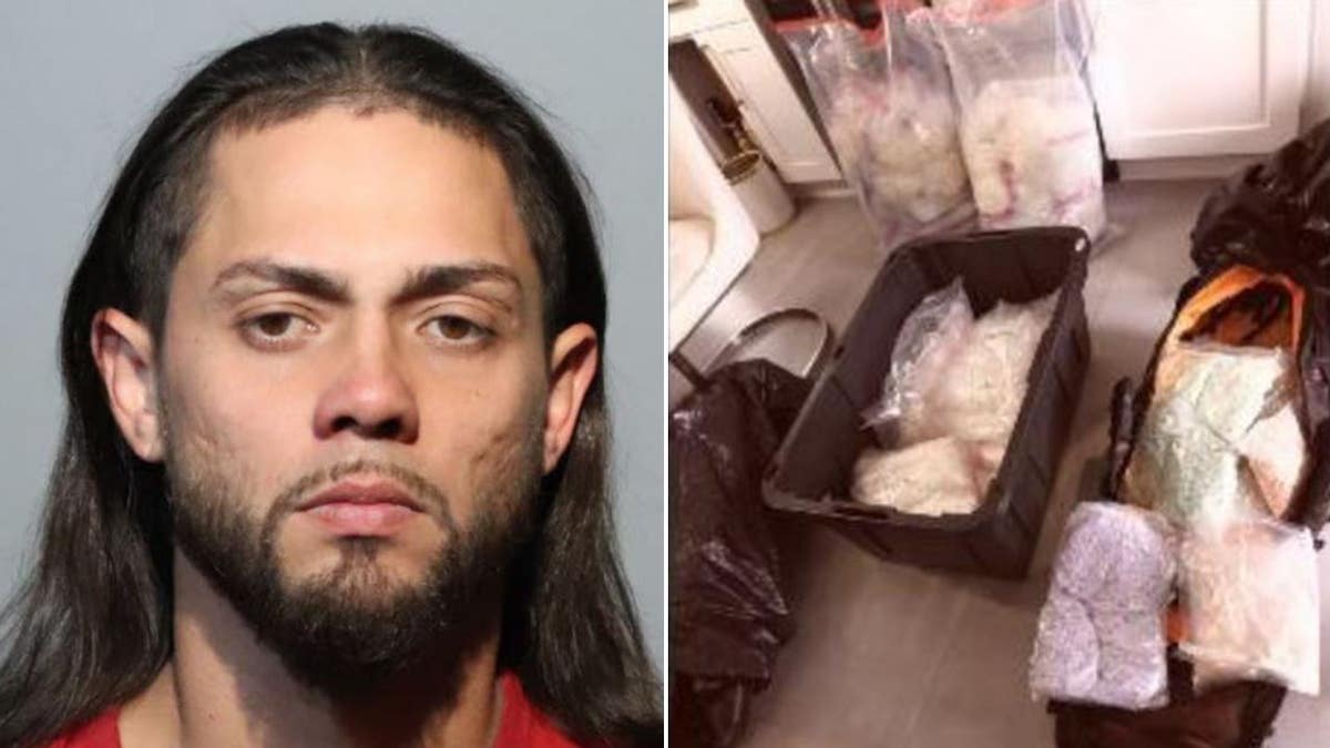 A split of the suspect's mug shot and bags of drugs seized