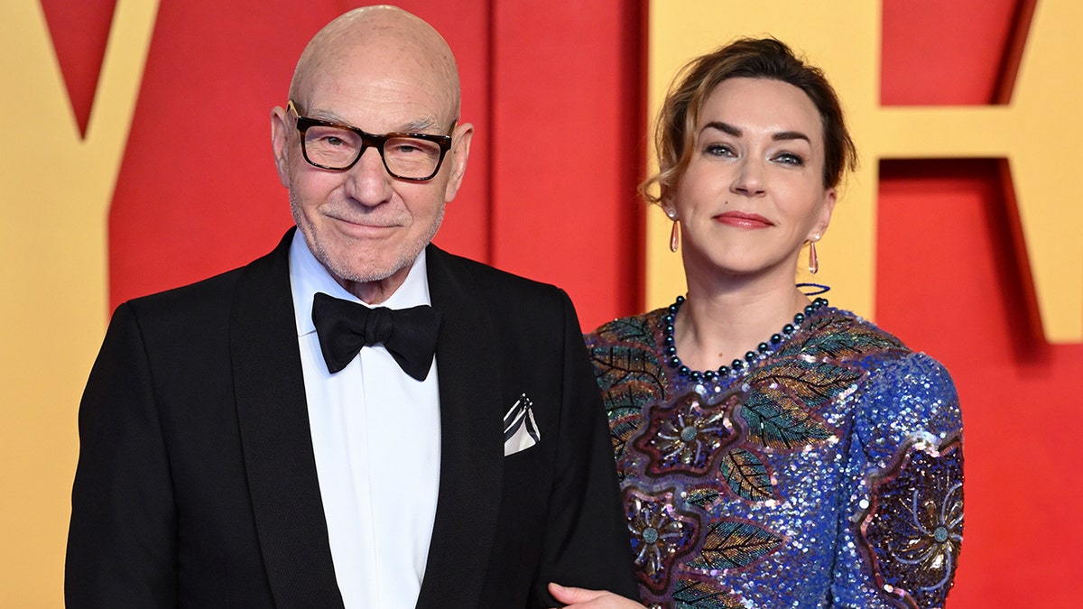 Patrick Stewart and Sunny Ozdell at Vanity Fair Oscars Party