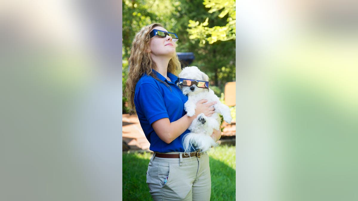 Pet owner and dog wearing solar eclipse viewing glasses