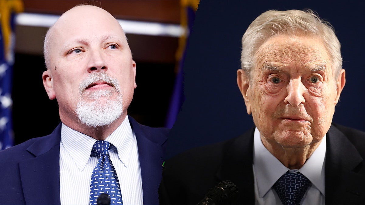 A divided image of George Soros and Rep. Chip Roy