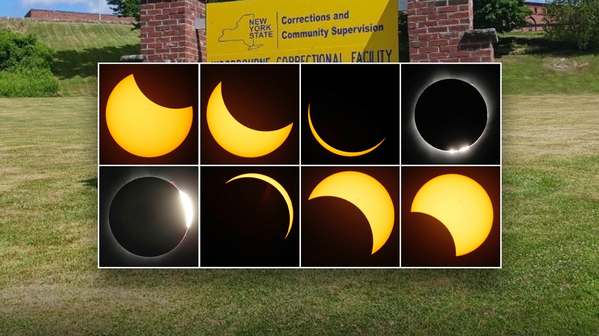 Solae eclipse pictured with a sign of a New York state prison