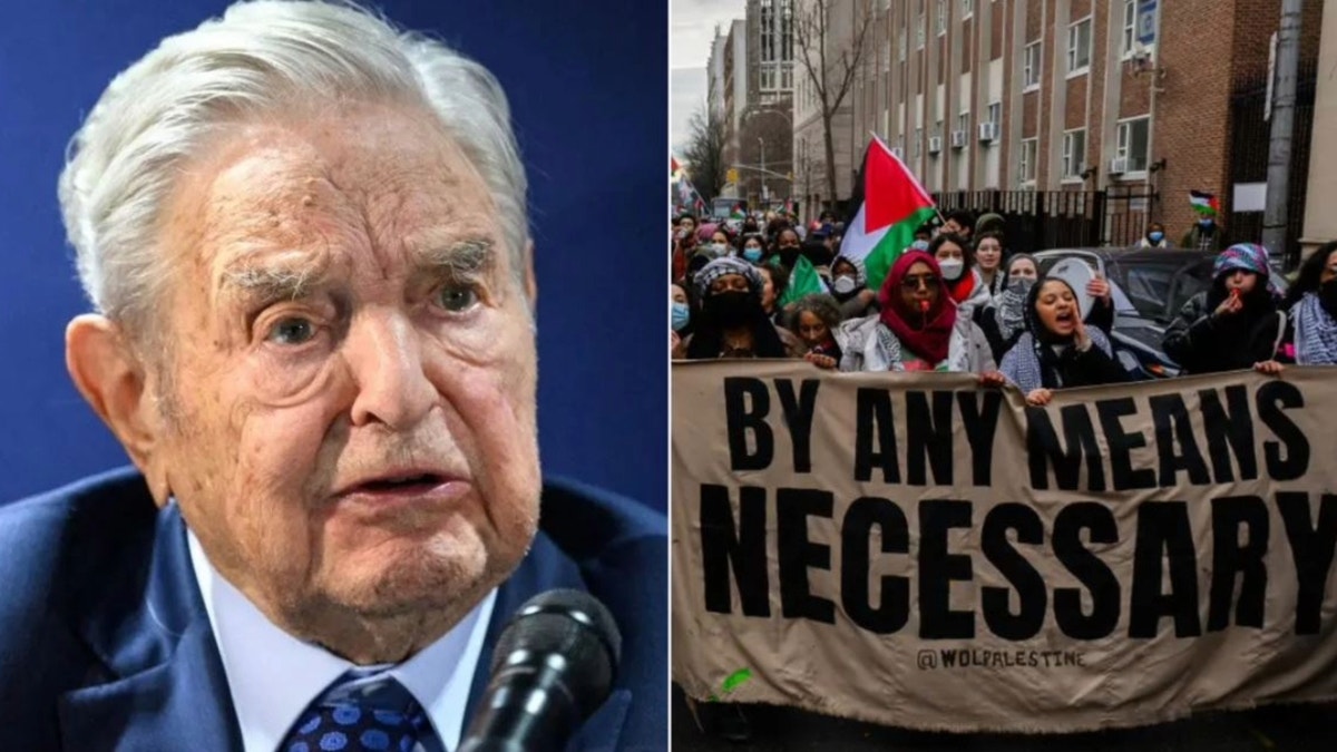 left: George Soros; right: anti-Israel demonstration