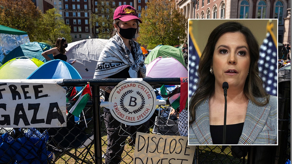An inset of Rep. Elise Stefanik over a scene from the Columbia University pro-Gaza tent encampment