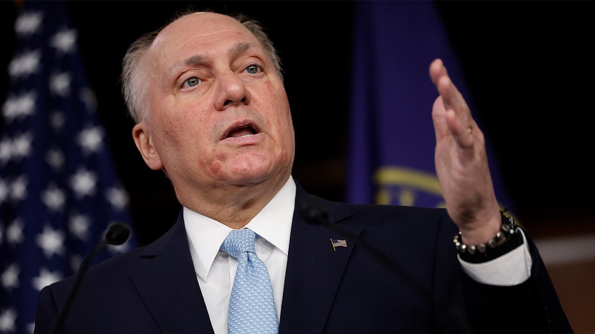 House Majority Leader Scalise, a White man with sparse white hair, gesturing with his left hand