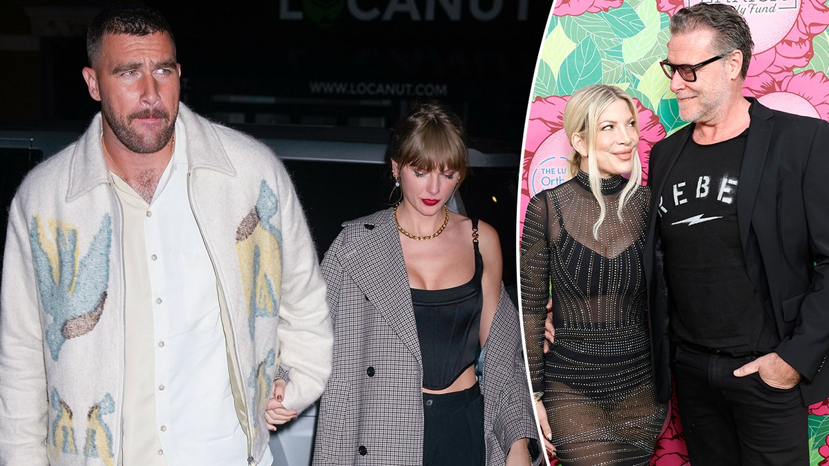 Travis Kelce in a white jacket holds Taylor Swift and leads her as they walk in NYC split Tori Spelling in a mesh black outfit looks at husband Dean McDermott on carpet