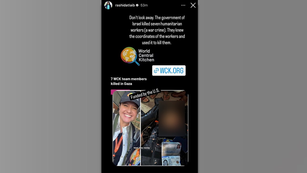 An Instagram Story screenshot from Rep. Rashida Tlaib showing what appears to be one of the seven aid workers killed in an early April Gaza airstrike
