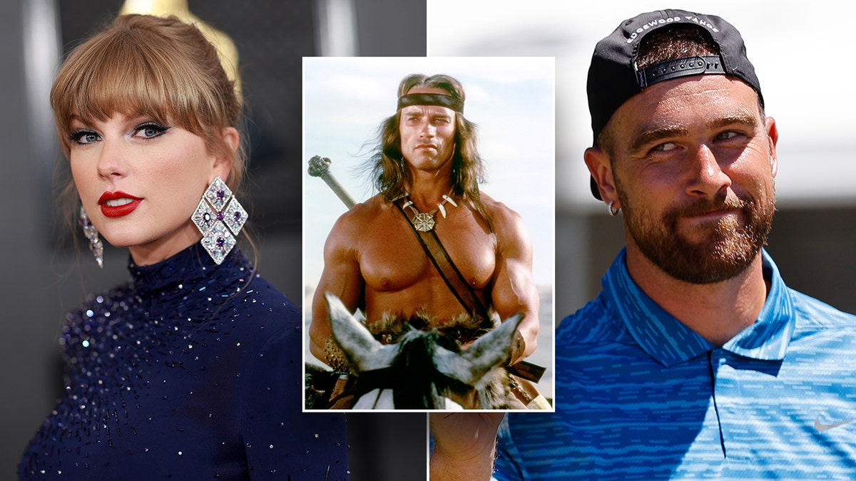 Taylor Swift in a sparkly blue dress with large earrings poses on the carpet inset a shirtless Arnold Schwarzenegger as Conan The Barbarian split Travis Kelce in a blue shirt and backwards hat looks to his right devilishly