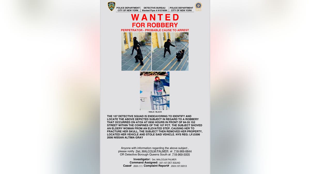 Affiche de recherche de la police de New York concernant un homme qui a poussé une femme de 68 ans sur les marches d'une église et l'a volée.