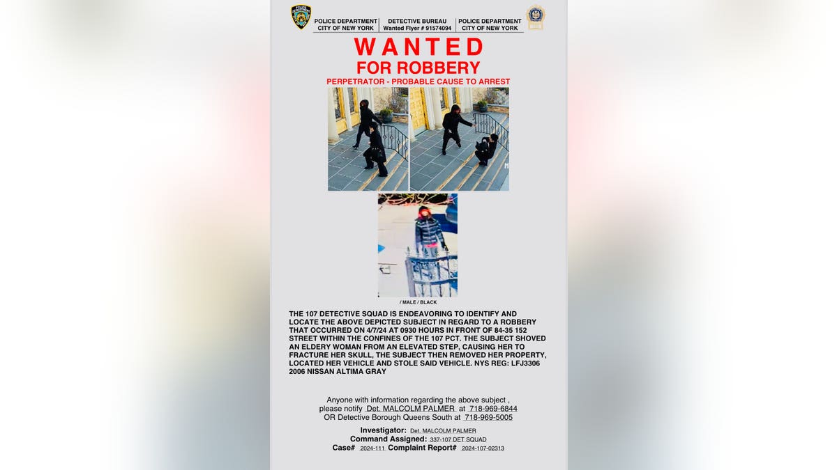 NYPD's wanted poster for a man who shoved a 68-year-old woman down a flight of church steps and stole from her. 