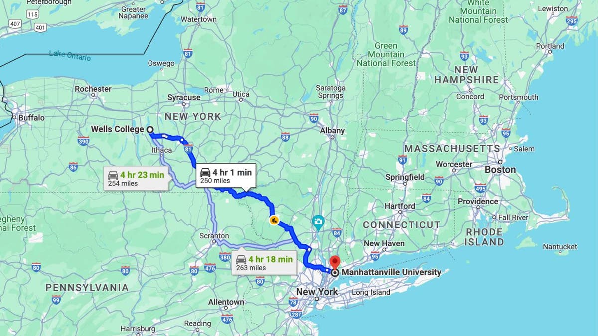 Route map from Wells College to Manhattanville University in New York.