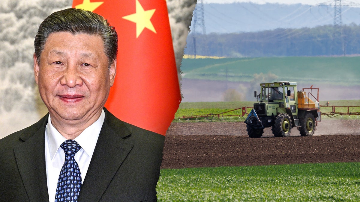 A divided image of Chinese President Xi Jinping and a tractor plowing a section successful nan U.S.