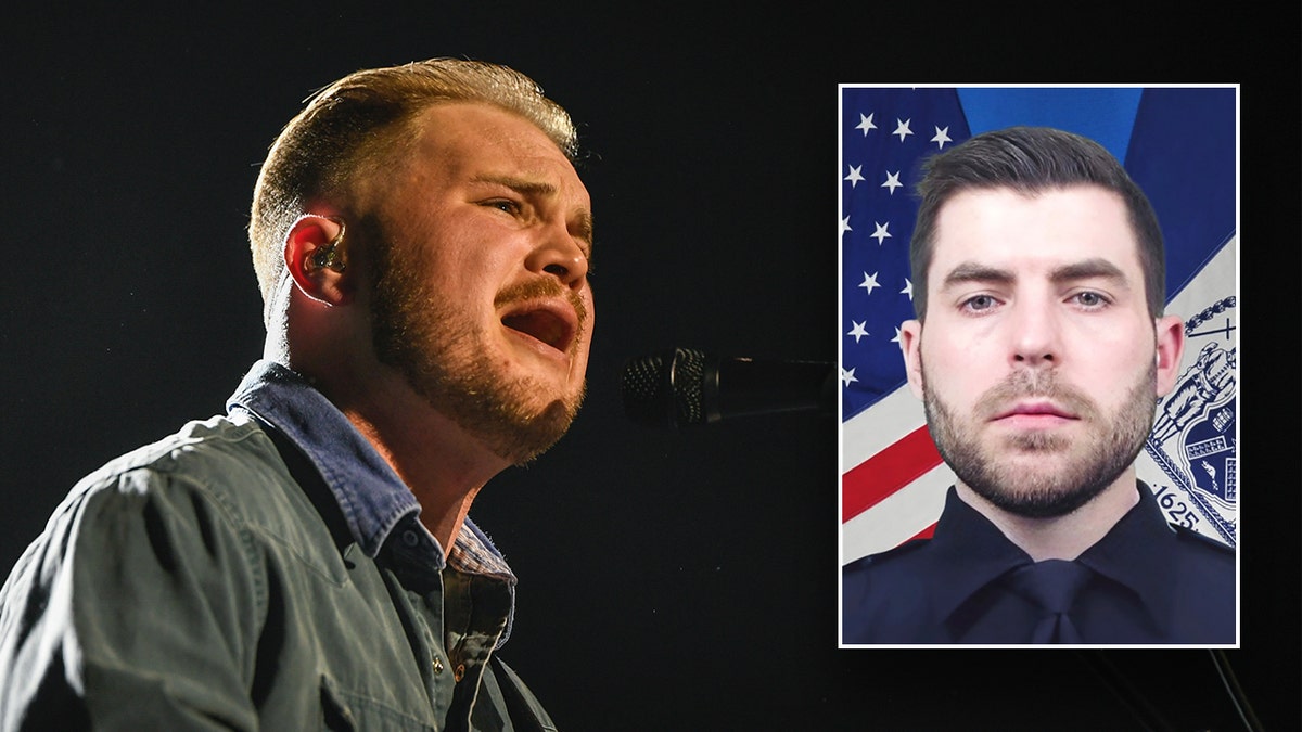 Zach Bryan looks emotional as he performs on stage inset a photo of fallen NYPD officer Jonathan Diller
