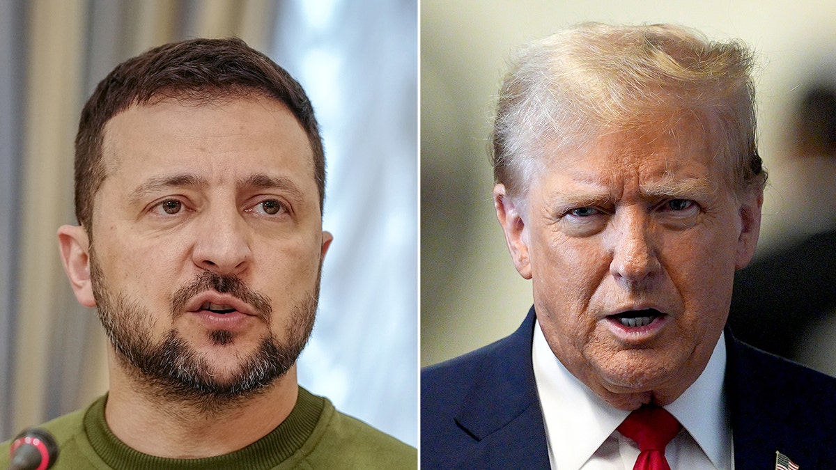 split photo of Volodomyr Zelenskyy, Donald Trump