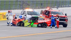NASCAR driver Justin Allgaier takes hard hit into wall during Xfinity Series' Talladega race