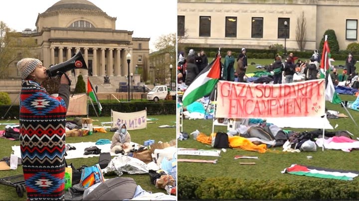 Wild anti-Israel agitators descend on Columbia University lawn vowing to 'hold this line'