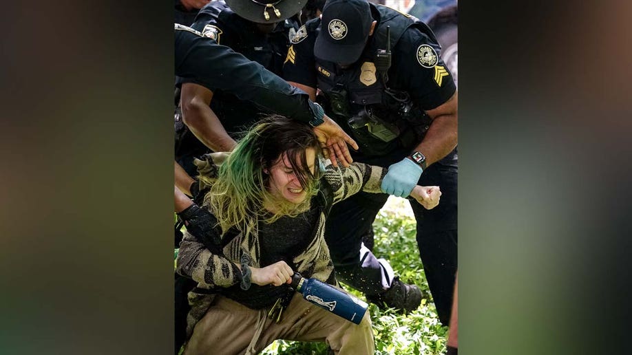 A woman with green hair is arrested