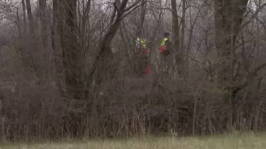 Investigators in the woods near where the plane went down