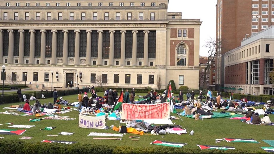 Wild anti-Israel agitators descend on Columbia University lawn vowing to 'hold this line'