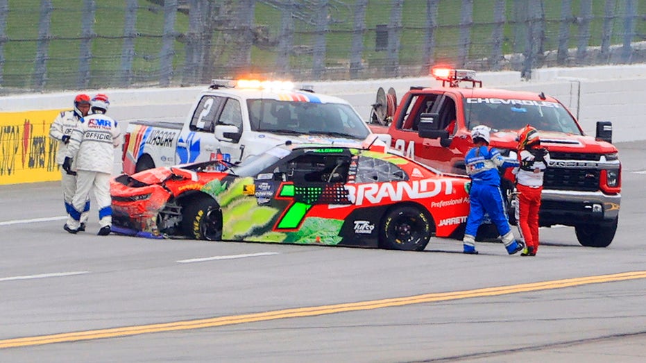NASCAR driver Justin Allgaier takes hard hit into wall during Xfinity Series’ Talladega race