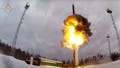 This photo taken from video provided by the Russian Defense Ministry Press Service on Feb. 19, 2022, shows a Yars intercontinental ballistic missile being launched from an air field during military drills in Russia. The Russian Defense Ministry said that the military will hold drills involving tactical nuclear weapons &ndash; the first time such exercise was publicly announced by Moscow.