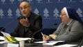Argentine Cardinal Victor Manuel Fernandez, left, head of the Vatican doctrine office, is flanked by Sister Daniela del Gaudio, head of he Observatory on Marian Apparitions and Mystical Phenomenon, during a press conference at the Vatican, Friday, May 17, 2024. The Vatican on Friday radically reformed its process for evaluating alleged visions of the Virgin Mary, weeping statues and other seemingly supernatural phenomena that have long punctuated church history, putting the brakes on making definitive declarations unless the event is obviously fabricated.
