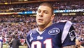 Aaron Hernandez leaves the field after coming up short, on the final play of the game against the New York Giants in SuperBowl XLVI at Lucas Oil Stadium on Sunday, February 5, 2012.