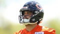 Caleb Williams #18 of the Chicago Bears looks on during Chicago Bears Rookie Minicamp at Halas Hall on May 11, 2024 in Lake Forest, Illinois.