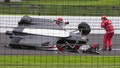Dale Coyne Racing driver Nolan Siegel (18) crashes his car, Friday, May 17, 2024, during Fast Friday ahead of the 108th running of the Indianapolis 500 at Indianapolis Motor Speedway.