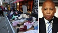 This split image shows Eric Adams and migrants camping in New York City.