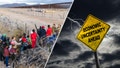 EL PASO, TEXAS - JANUARY 31: Seen from an aerial view, Texas National Guard troops stop immigrants trying to pass through razor wire after crossing the border into El Paso, Texas from El Paso, Texas. Those who managed to get through the wire were then allowed to proceed for further processing by U.S. Border Patrol agents. (Photo by John Moore/Getty Images)
Economic Uncertainty Ahead Sign With Stormy Background stock photo