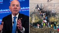 This split shows DHS Secretary Alejandro Mayorkas and migrants surging across the border. - Fox News