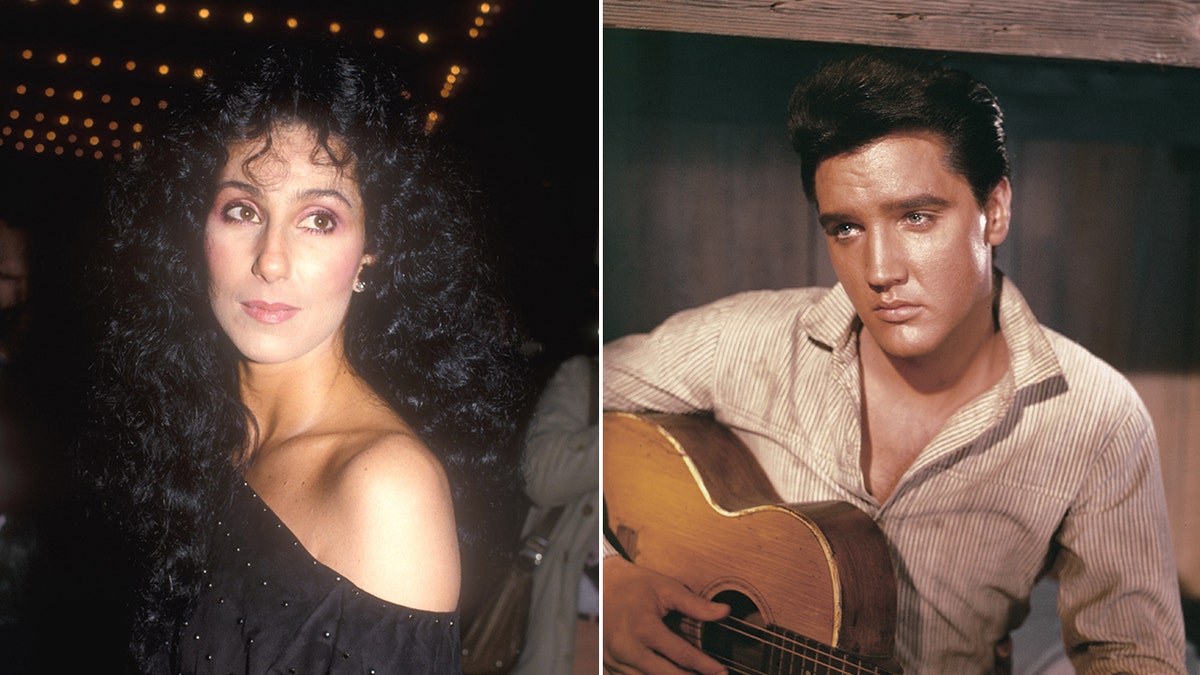 Cher in a black one shoulder top looks over her left shoulder split Elvis Presley with his guitar looks longingly to his right