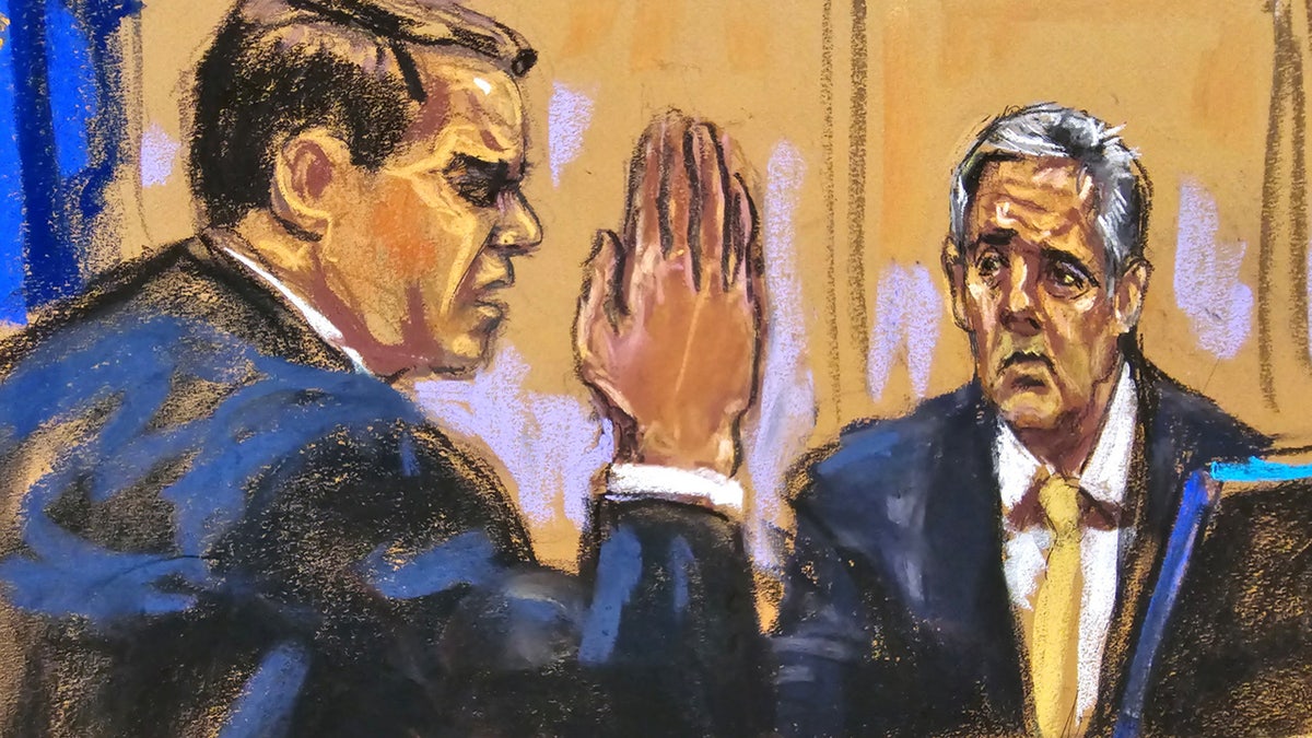 Michael Cohen on witness stand in courtroom sketch
