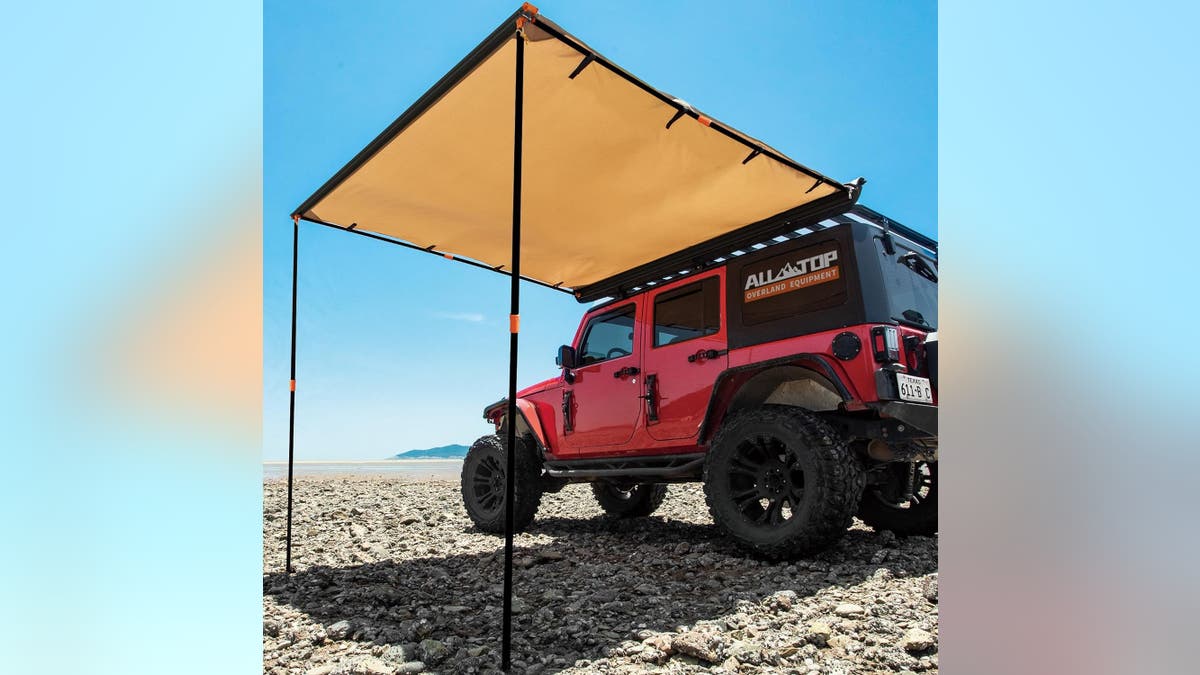 A canopy provides protection from the sun and rain. 