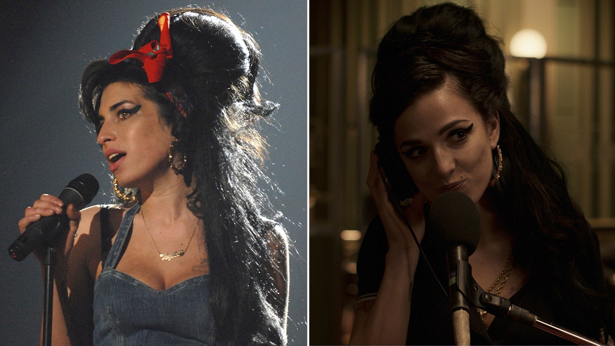 Side by side photos of the real Amy Winehouse and Marisa Abela in character as Amy Winehouse