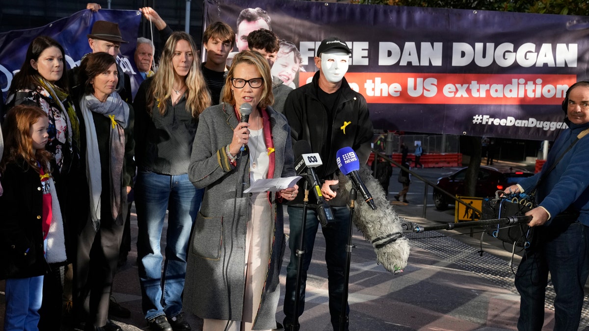 Saffrine Duggan speaks outside Downing Central Court in Sydney on May 24, 2024, where her husband Daniel will appear.
