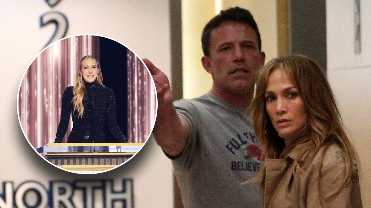 A photo of Nikki Glaser along with a photo of Ben Affleck and Jennifer Lopez