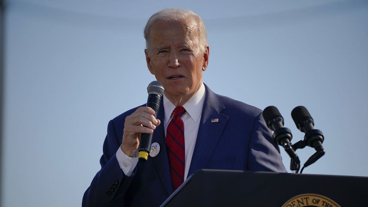 US President Joe Biden speaks at an event near the Edmund Pettus Bridge in Selma, Alabama.