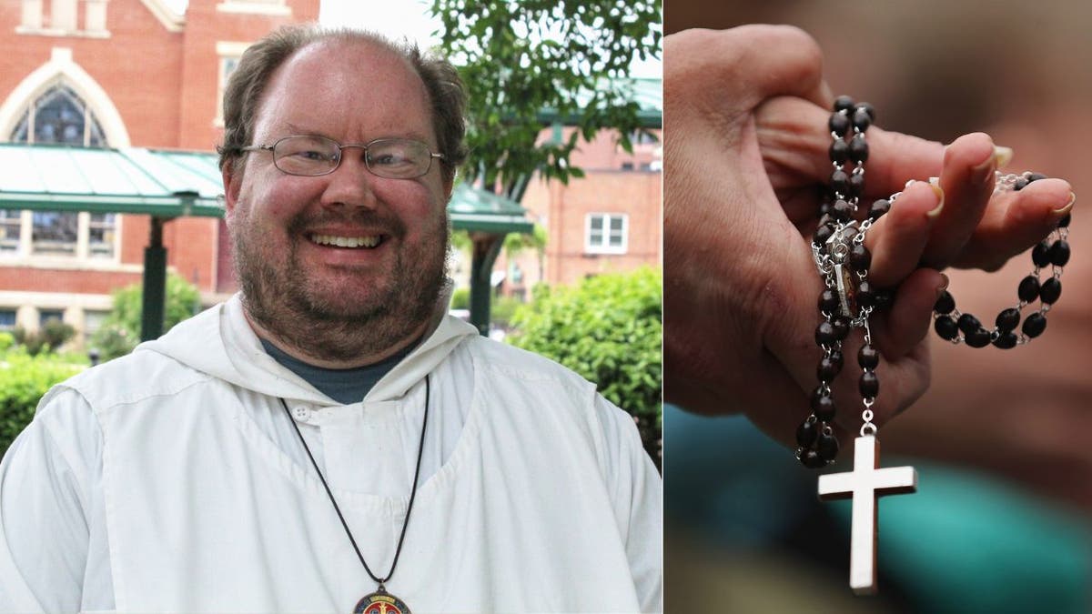 Brother Matson smiling and person praying with rosary beeds