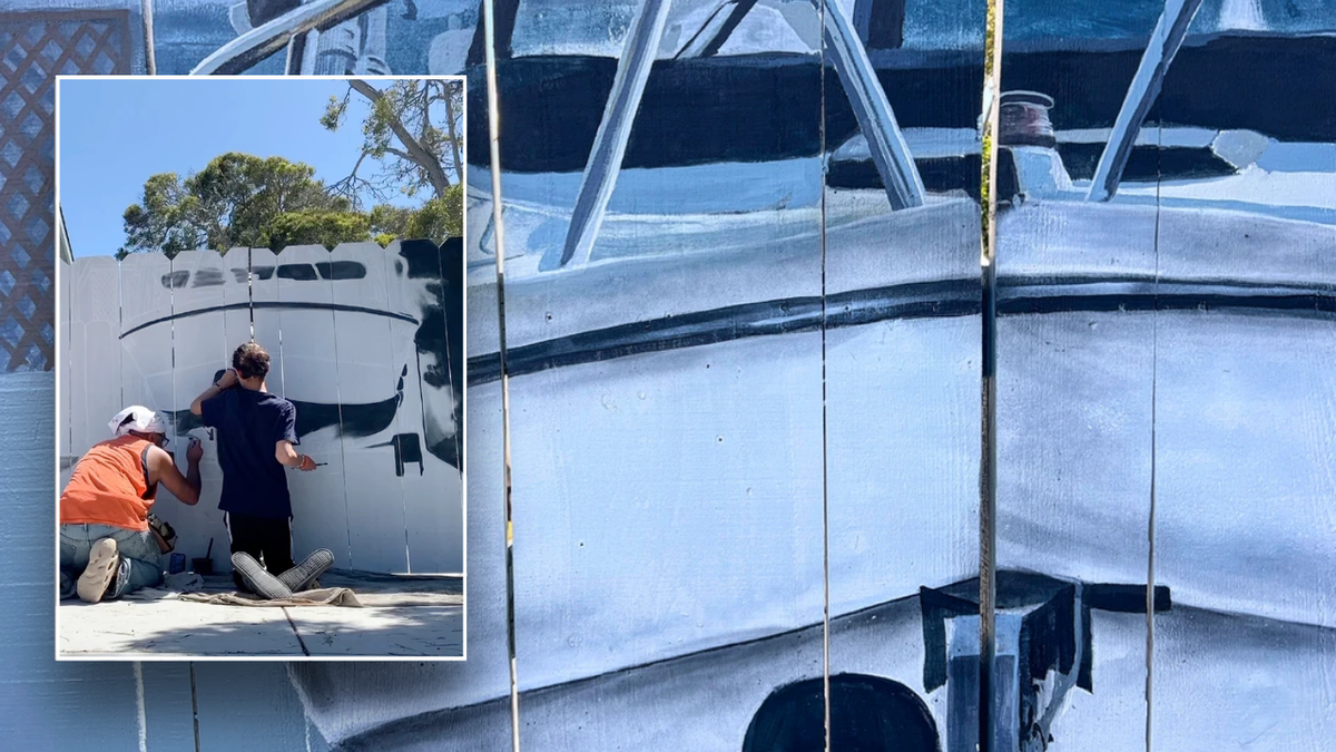 Split image of artist painting and close-up of boat mural