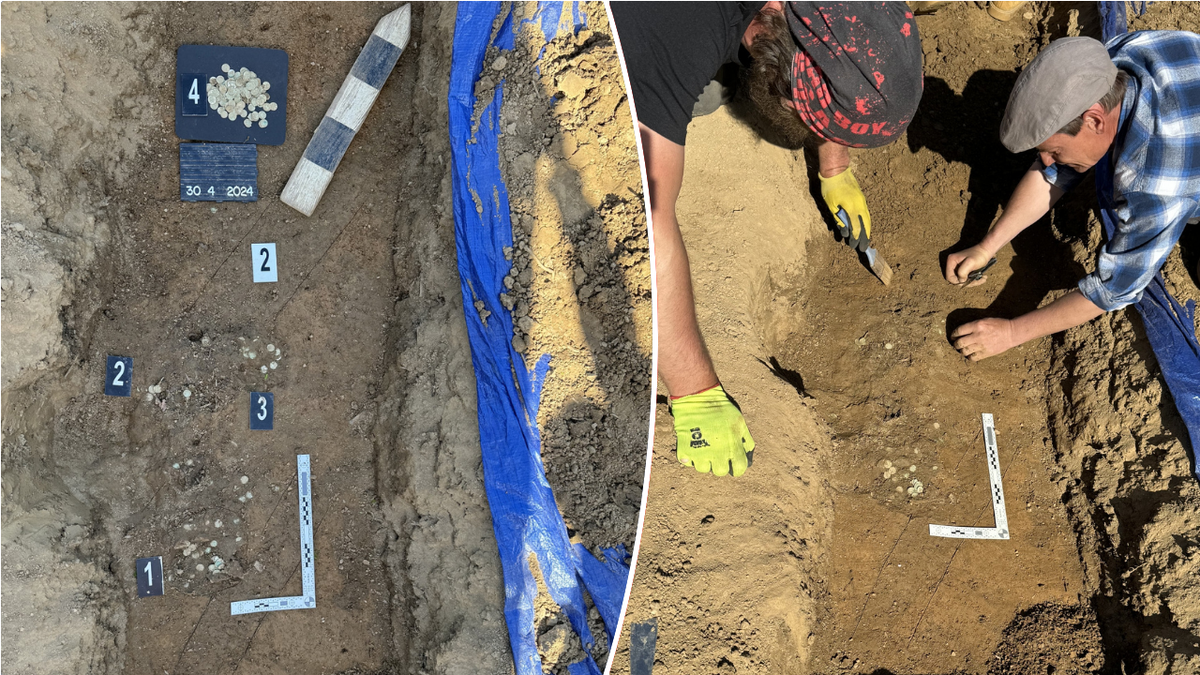 Split image of excavators digging in coin-filled soil