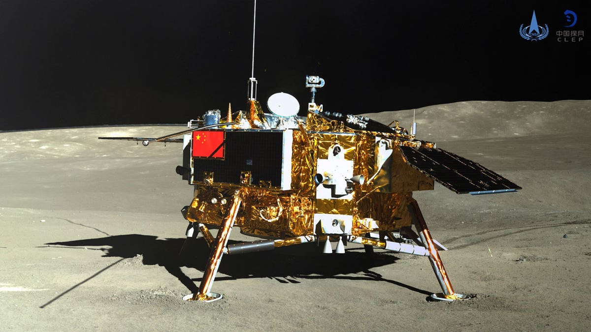 The lunar lander of the Chang'e-4 probe in a photo taken by the rover Yutu-2