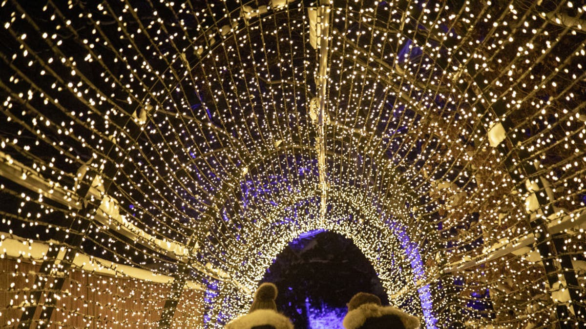 Couple walks through a tunnel of Christmas lights in Sweden