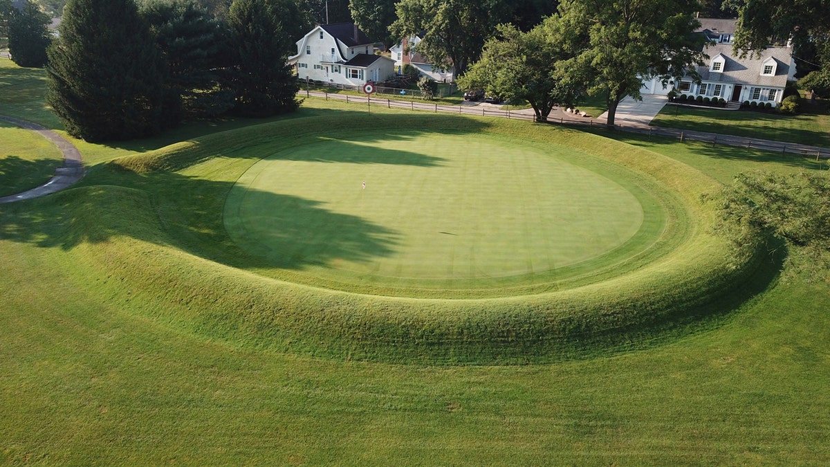 A 155-foot diameter circular enclosure around hole number 3 at Moundbuilders Country Club at the Octagon Earthworks in Newark, Ohio, is pictured.