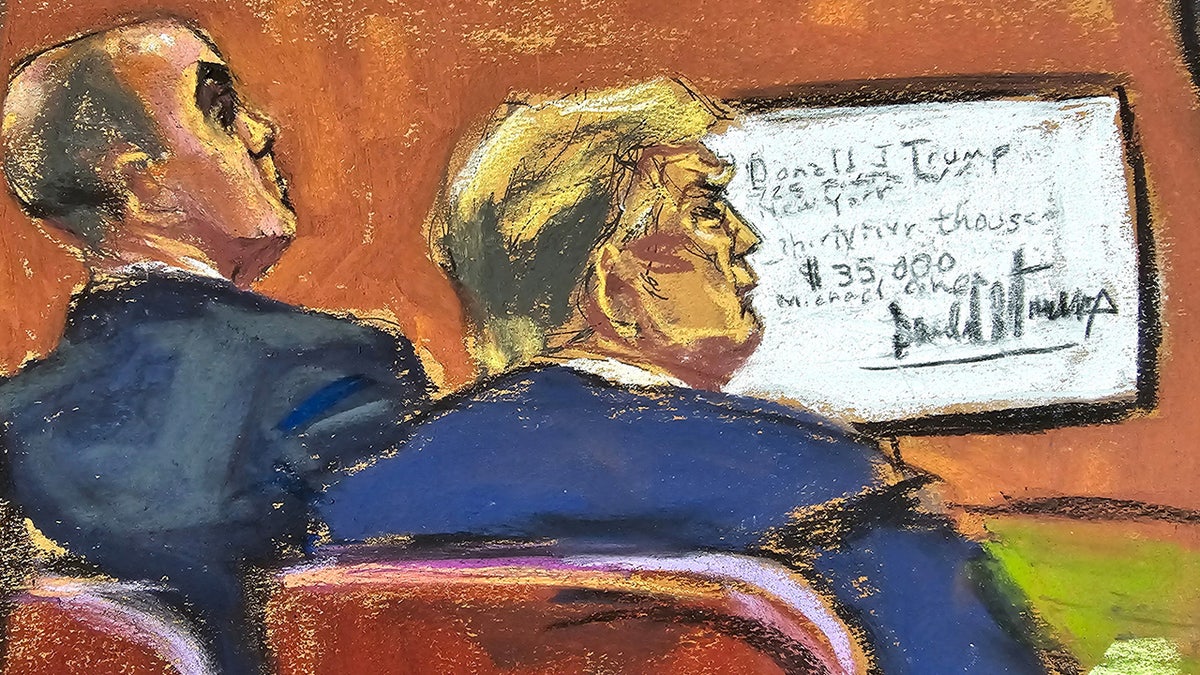 Donald Trump at defense table in courtroom sketch 