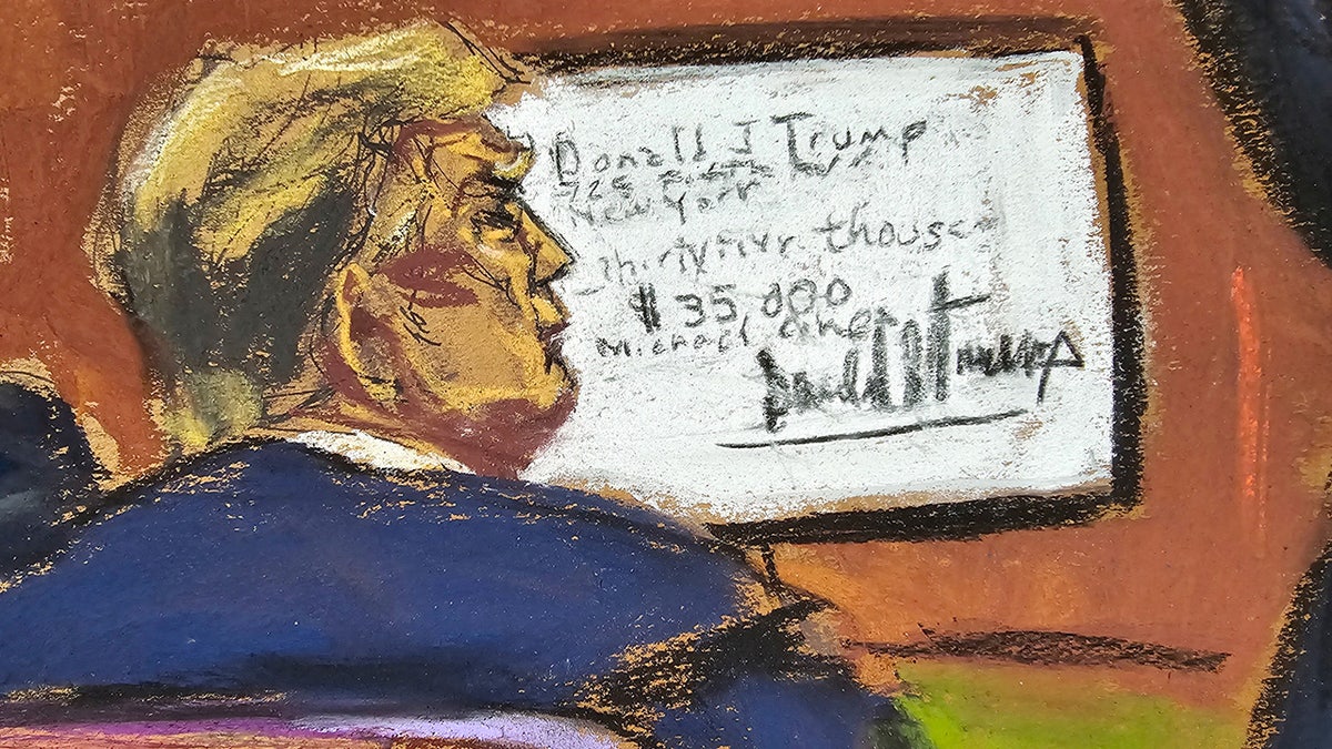 courtroom sketch Donald Trump watching trial proceedings from defense table