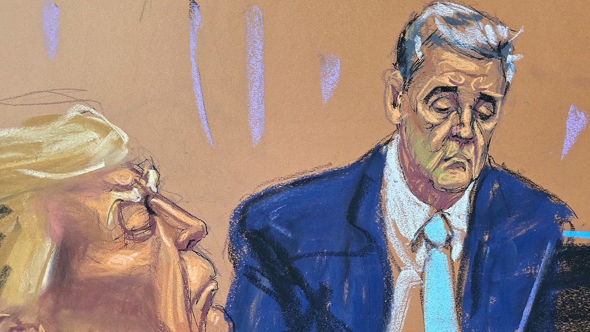 Profile of Michael Cohen on the right and Trump on the left in the courtroom sketch